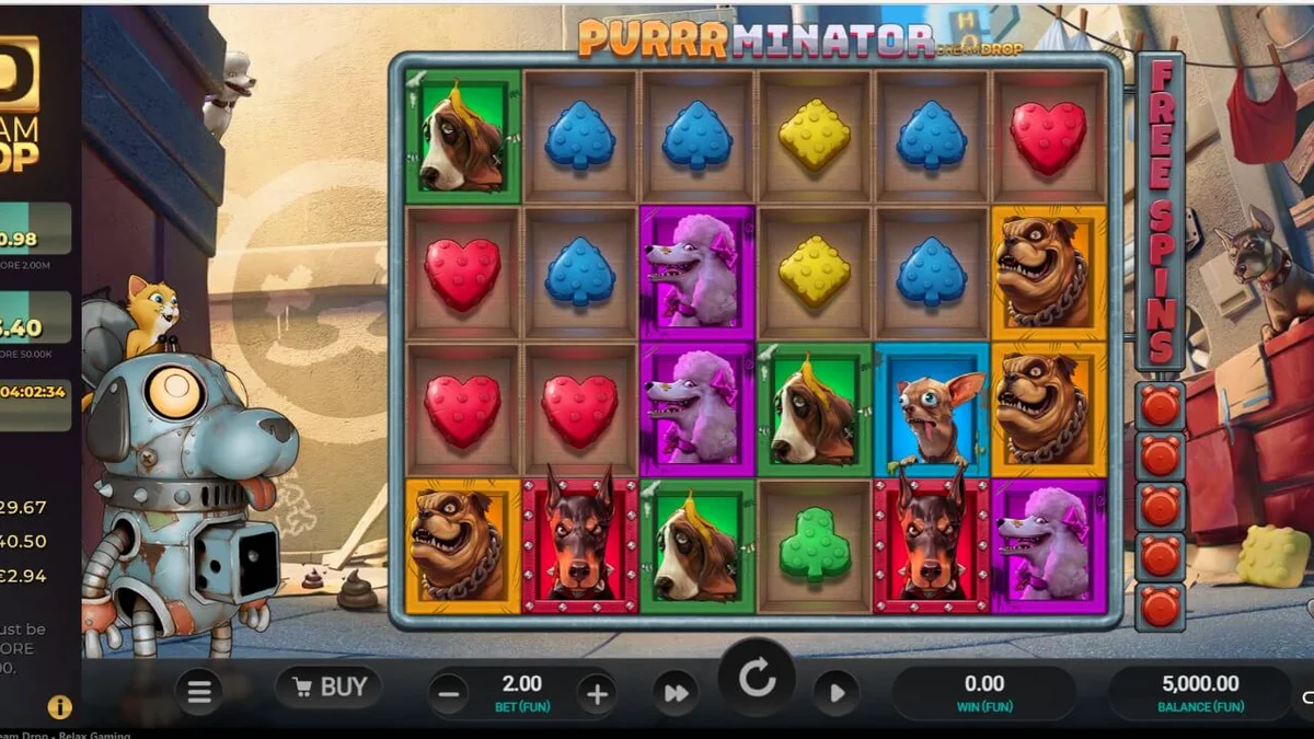 Tampilan layar permainan slot Purrrminator Dream Drop dengan tema dystopian dan karakter kucing robotik.