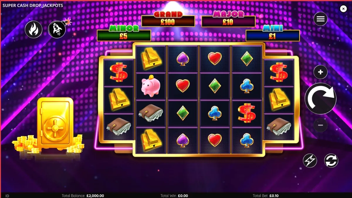 Tampilan layar permainan slot Super Cash Drop Jackpots dengan tema brankas neon.